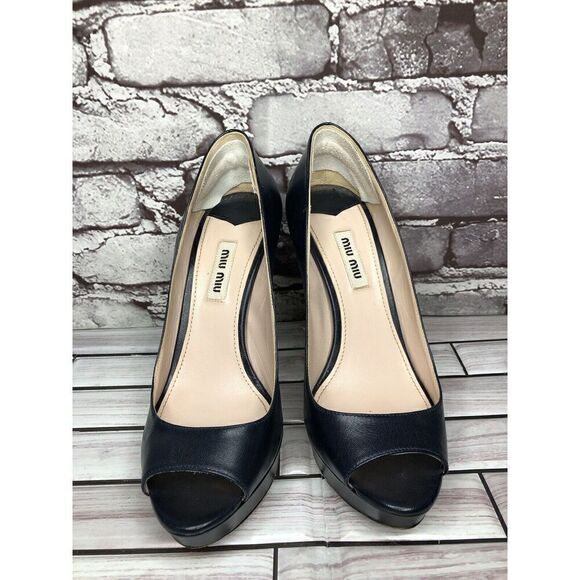 Miu Miu Blue Leather Peep Toe Platform Stiletto Heels Women’s Sz 37EU/6.5M US - Picture 11 of 16